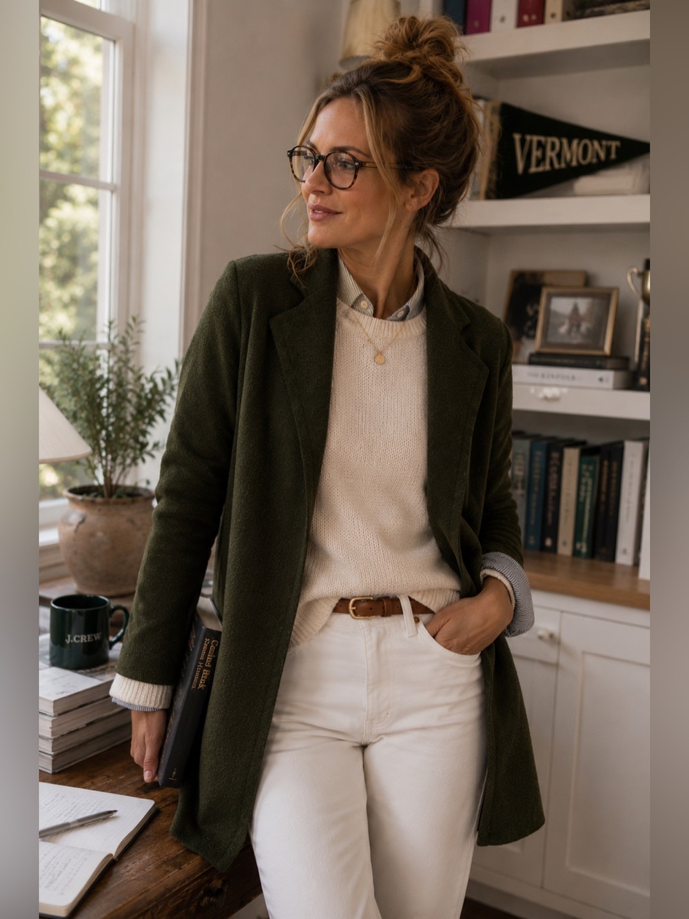 J.Crew Women’s Olive Green Long Open Front Sweater Blazer Coat M